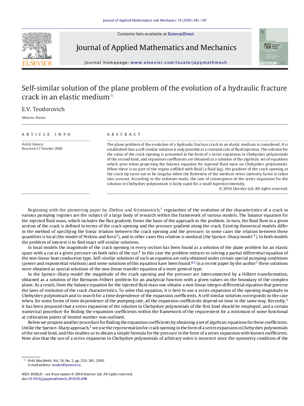عکس صفحه اول مقاله: Self-similar solution of the plane problem of the evolution of a hydraulic fracture crack in an elastic medium Self-similar solution of the plane problem of the evolution of a hydraulic fracture crack in an elastic medium