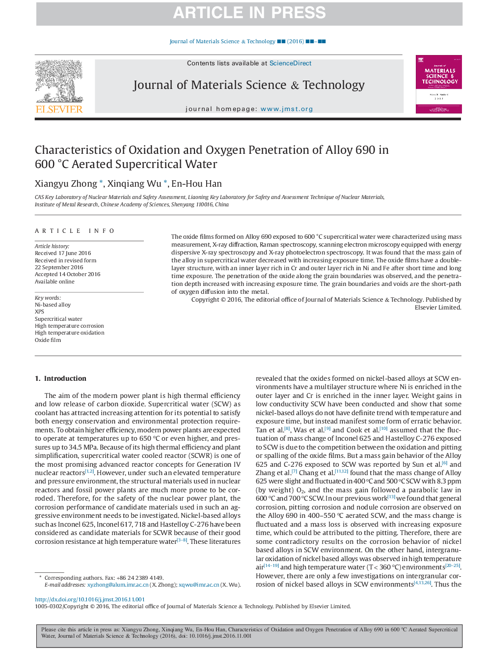 Characteristics of Oxidation and Oxygen Penetration of Alloy 690 in 600Â Â°C Aerated Supercritical Water