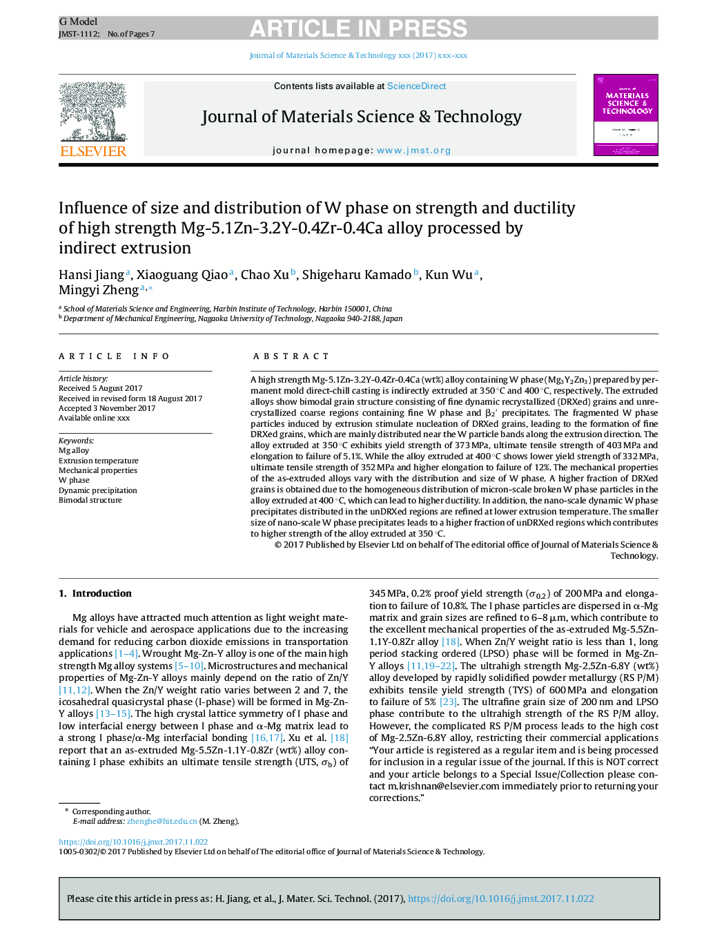 Influence of size and distribution of W phase on strength and ductility of high strength Mg-5.1Zn-3.2Y-0.4Zr-0.4Ca alloy processed by indirect extrusion