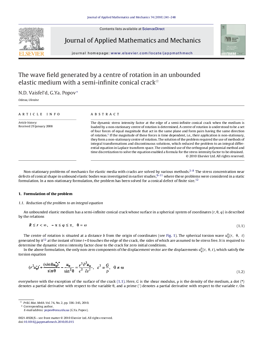 عکس صفحه اول مقاله: The wave field generated by a centre of rotation in an unbounded elastic medium with a semi-infinite conical crack The wave field generated by a centre of rotation in an unbounded elastic medium with a semi-infinite conical crack