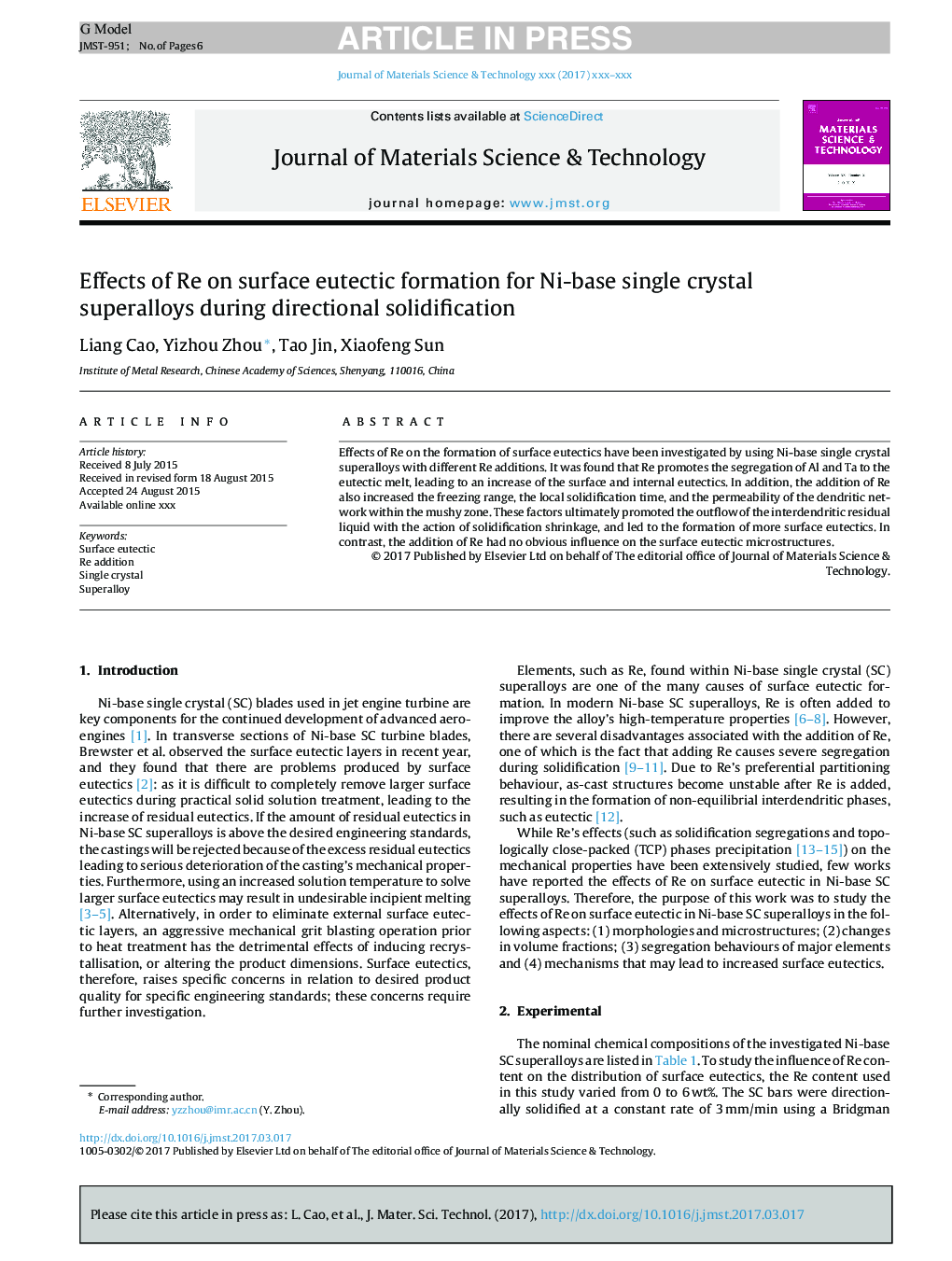 Effects of Re on surface eutectic formation for Ni-base single crystal superalloys during directional solidification