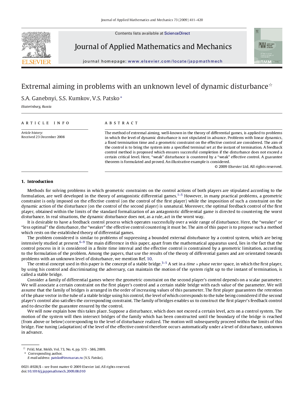 عکس صفحه اول مقاله: Extremal aiming in problems with an unknown level of dynamic disturbance Extremal aiming in problems with an unknown level of dynamic disturbance