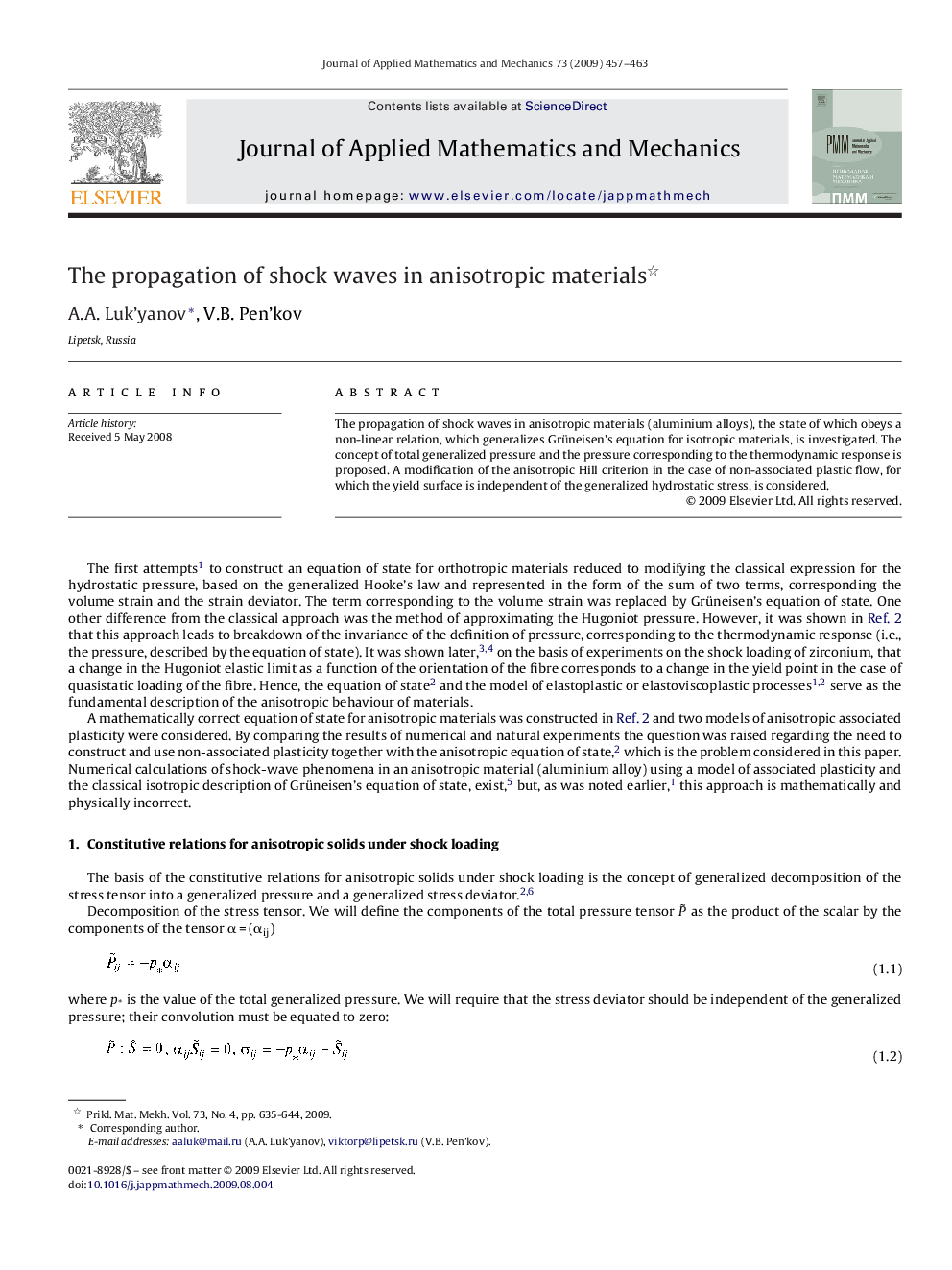 عکس صفحه اول مقاله: The propagation of shock waves in anisotropic materials The propagation of shock waves in anisotropic materials