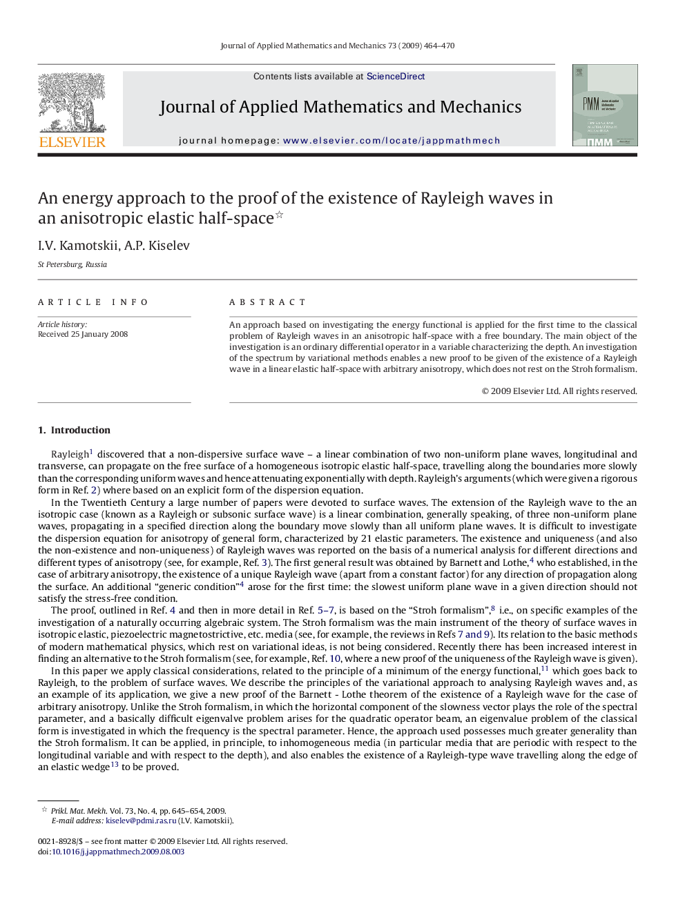 عکس صفحه اول مقاله: An energy approach to the proof of the existence of Rayleigh waves in an anisotropic elastic half-space An energy approach to the proof of the existence of Rayleigh waves in an anisotropic elastic half-space