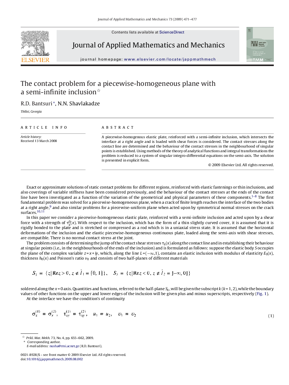 عکس صفحه اول مقاله: The contact problem for a piecewise-homogeneous plane with a semi-infinite inclusion The contact problem for a piecewise-homogeneous plane with a semi-infinite inclusion