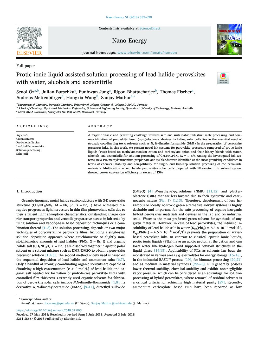 Protic ionic liquid assisted solution processing of lead halide perovskites with water, alcohols and acetonitrile