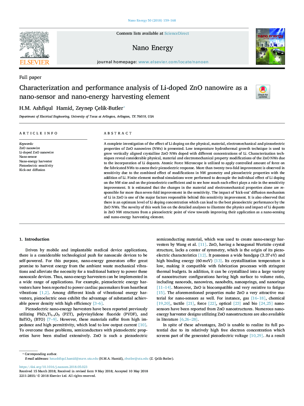 Characterization and performance analysis of Li-doped ZnO nanowire as a nano-sensor and nano-energy harvesting element