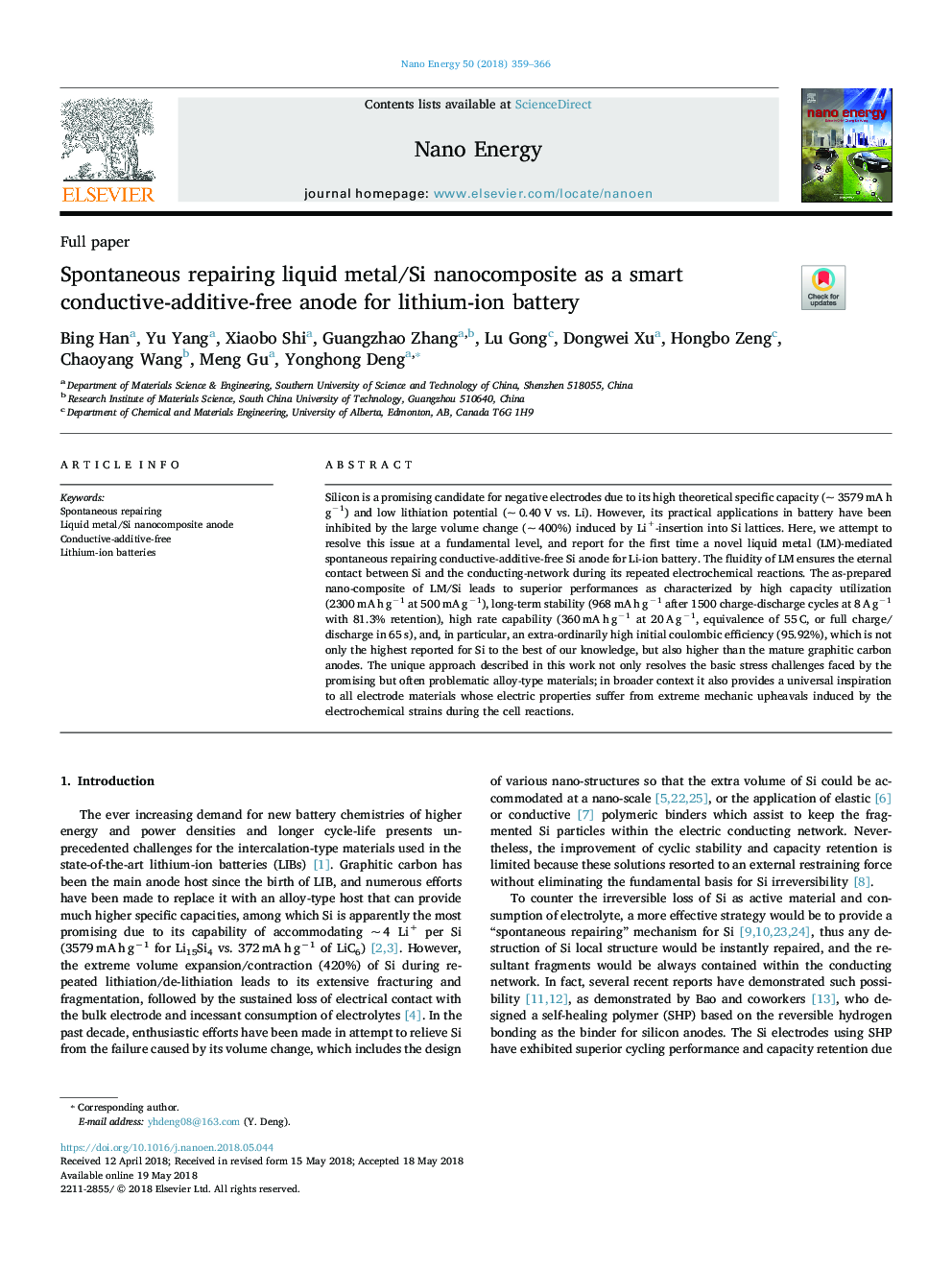 Spontaneous repairing liquid metal/Si nanocomposite as a smart conductive-additive-free anode for lithium-ion battery