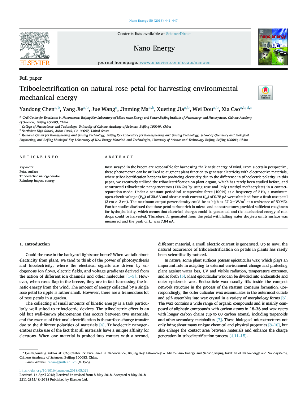 عکس صفحه اول مقاله: Triboelectrification on natural rose petal for harvesting environmental mechanical energy Triboelectrification on natural rose petal for harvesting environmental mechanical energy