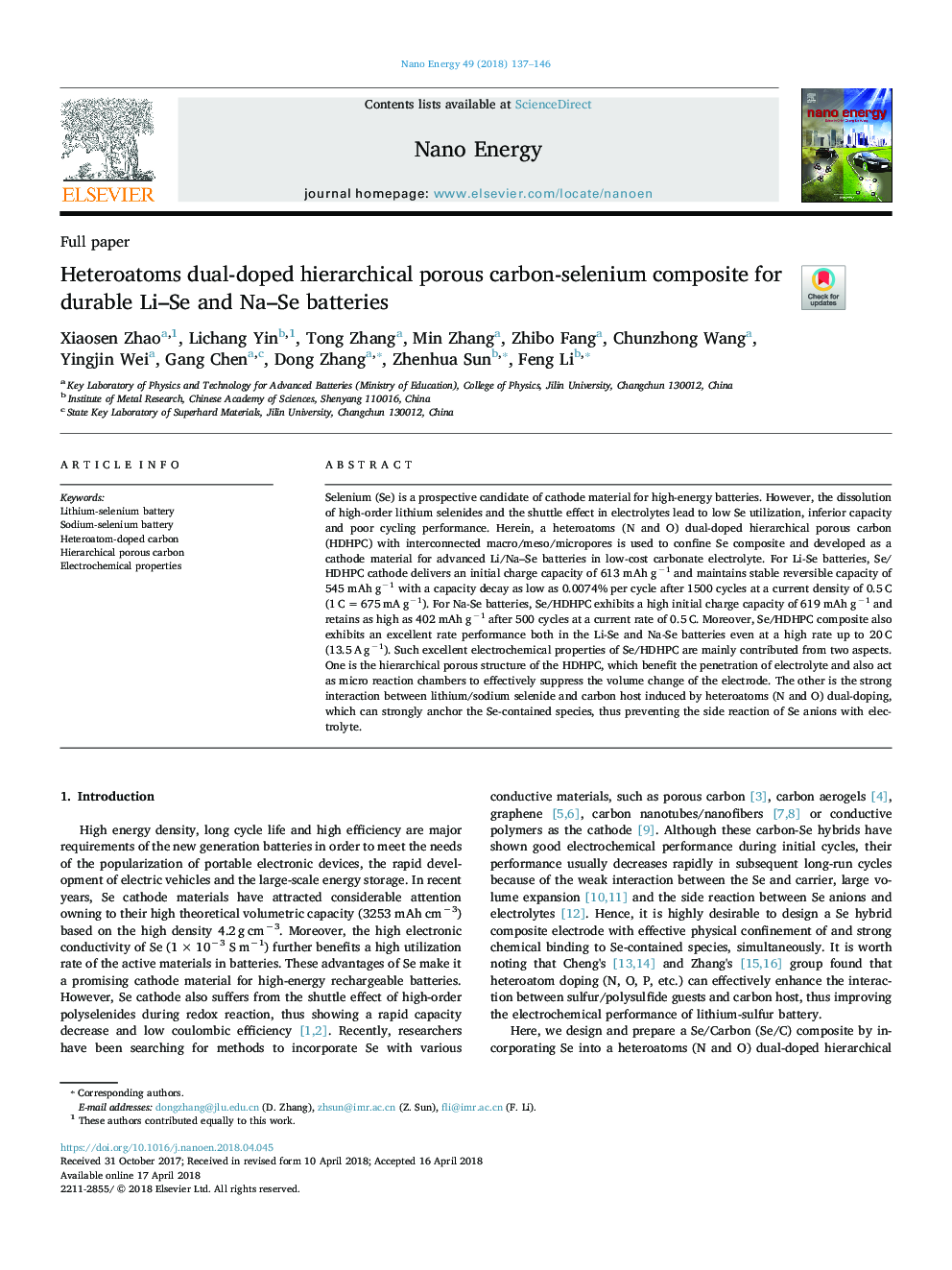 Heteroatoms dual-doped hierarchical porous carbon-selenium composite for durable Li-Se and Na-Se batteries