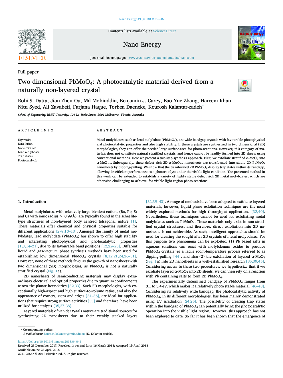 Two dimensional PbMoO4: A photocatalytic material derived from a naturally non-layered crystal