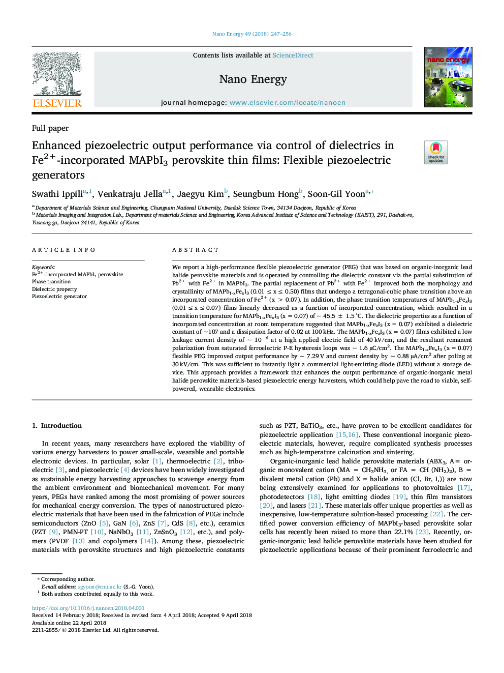 Enhanced piezoelectric output performance via control of dielectrics in Fe2+-incorporated MAPbI3 perovskite thin films: Flexible piezoelectric generators