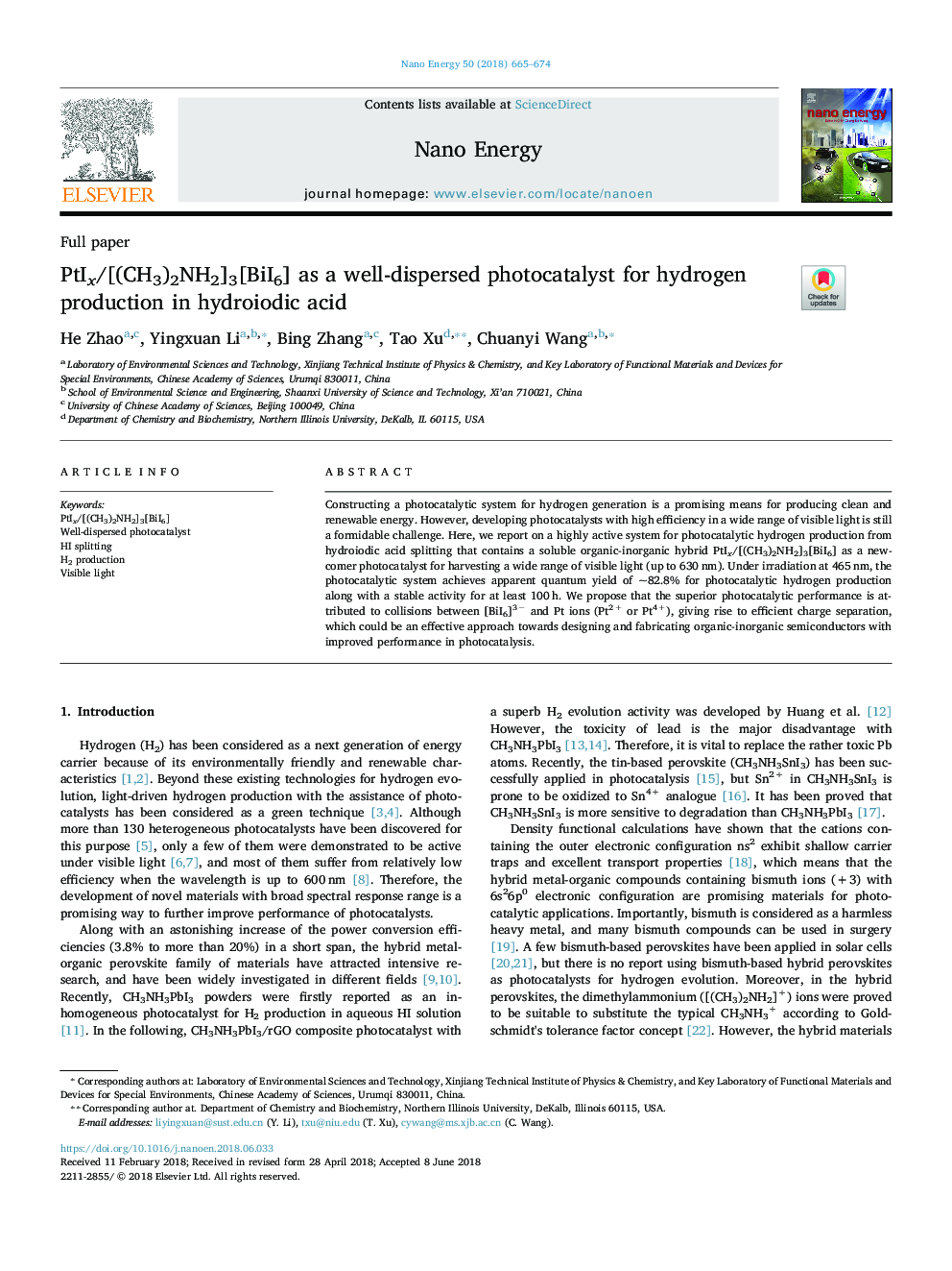 PtIx/[(CH3)2NH2]3[BiI6] as a well-dispersed photocatalyst for hydrogen production in hydroiodic acid