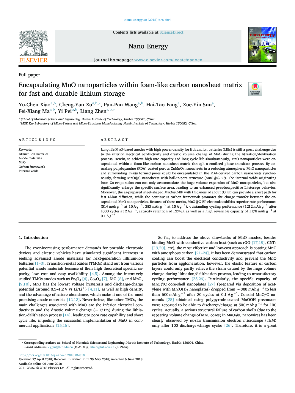 Encapsulating MnO nanoparticles within foam-like carbon nanosheet matrix for fast and durable lithium storage