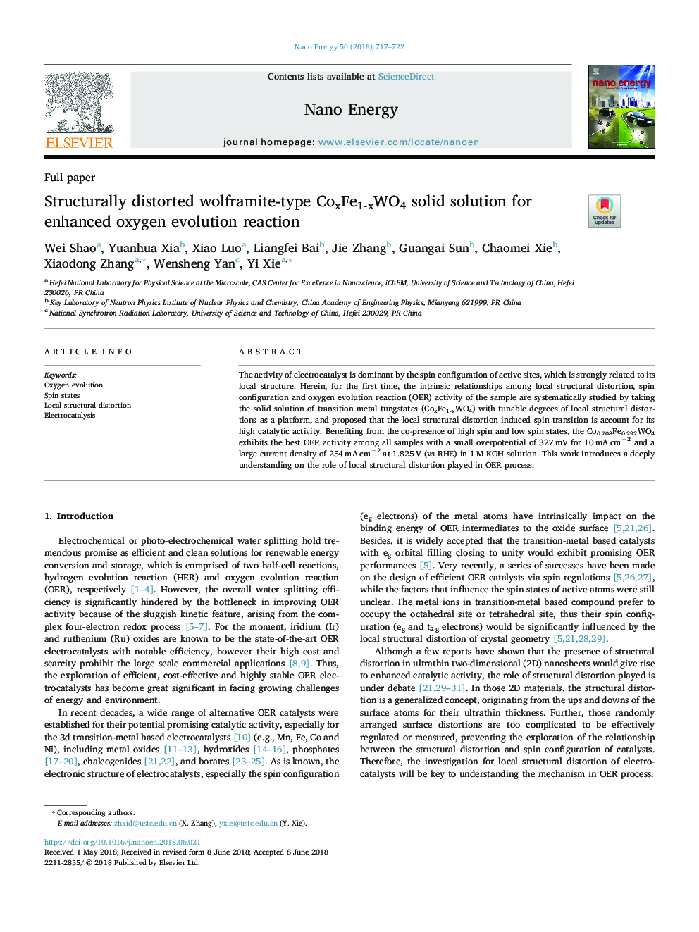 Structurally distorted wolframite-type CoxFe1-xWO4 solid solution for enhanced oxygen evolution reaction