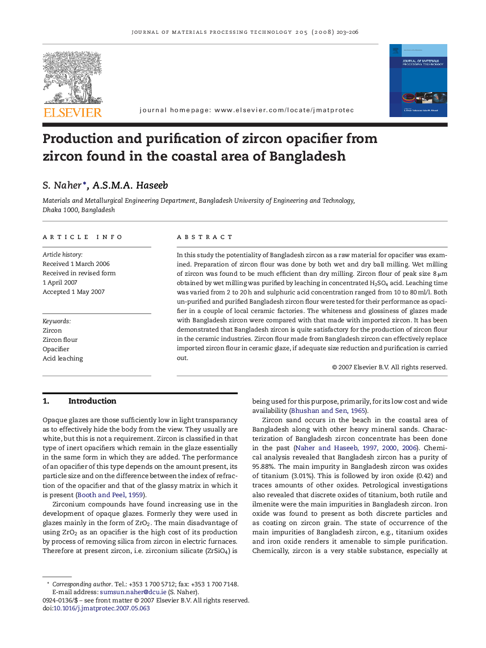 Production and purification of zircon opacifier from zircon found in the coastal area of Bangladesh