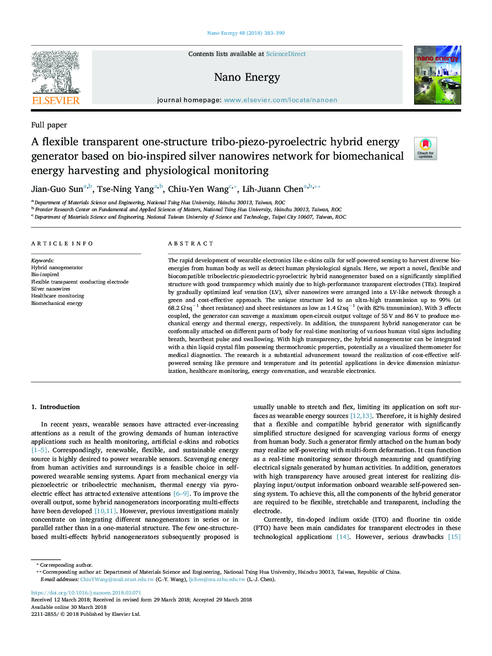 A flexible transparent one-structure tribo-piezo-pyroelectric hybrid energy generator based on bio-inspired silver nanowires network for biomechanical energy harvesting and physiological monitoring