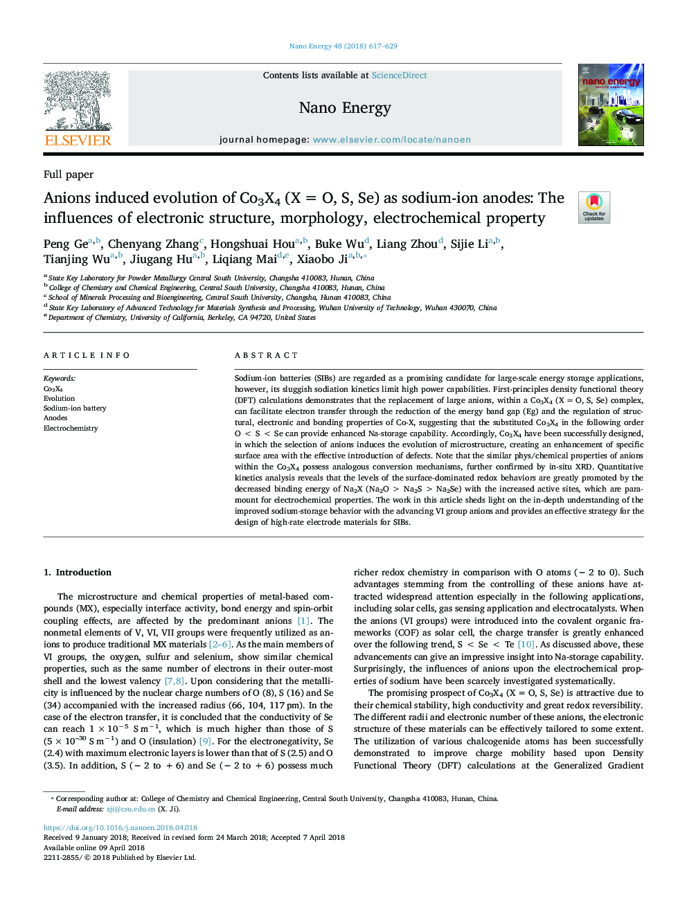 Anions induced evolution of Co3X4 (Xâ¯=â¯O, S, Se) as sodium-ion anodes: The influences of electronic structure, morphology, electrochemical property