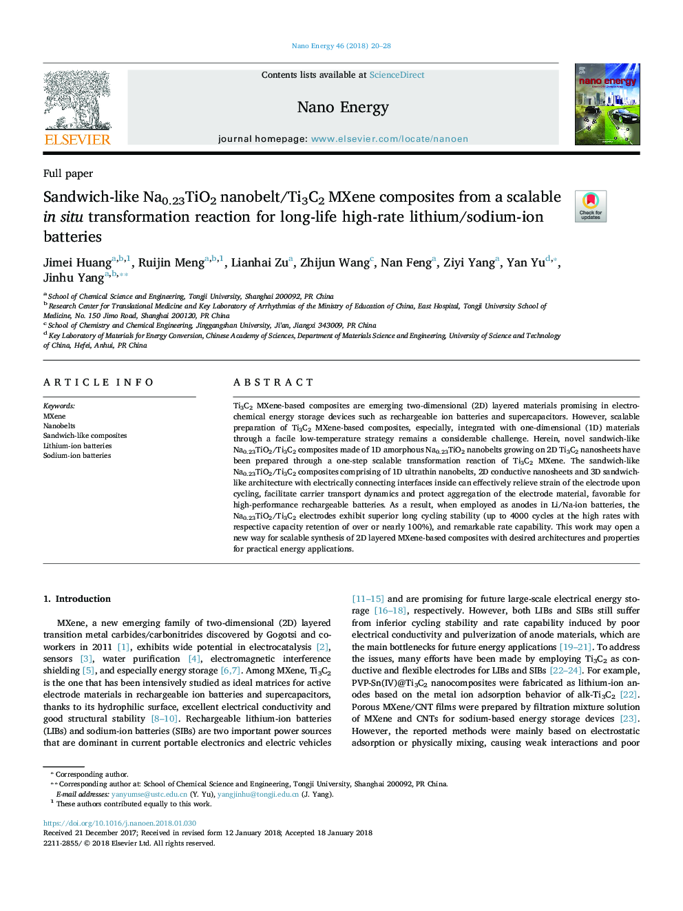 Sandwich-like Na0.23TiO2 nanobelt/Ti3C2 MXene composites from a scalable in situ transformation reaction for long-life high-rate lithium/sodium-ion batteries