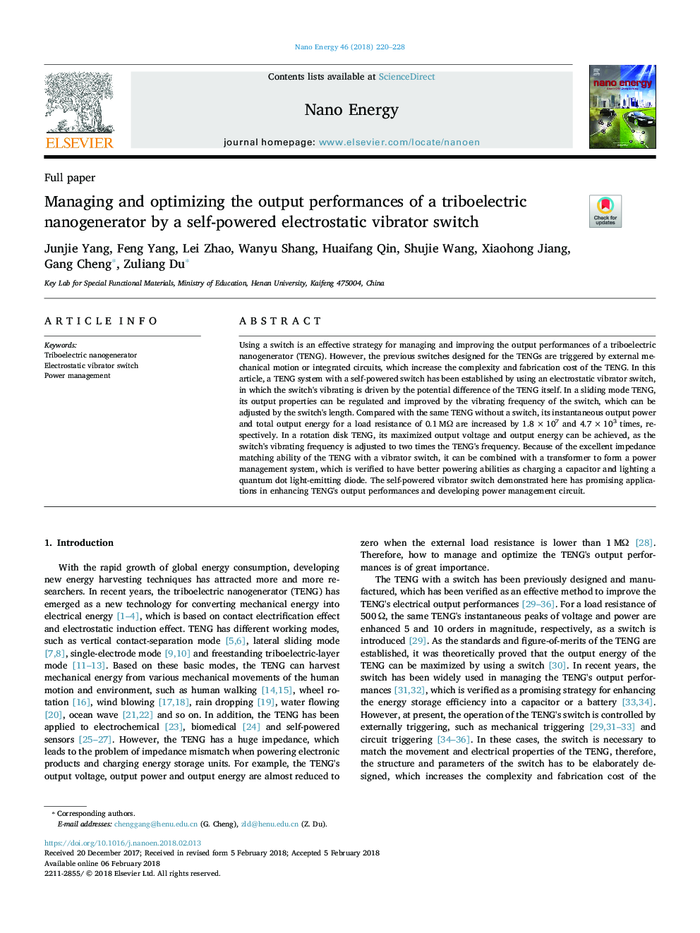 Managing and optimizing the output performances of a triboelectric nanogenerator by a self-powered electrostatic vibrator switch