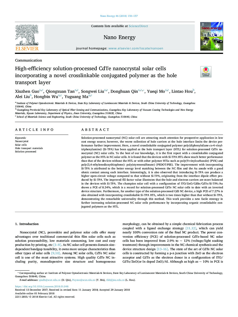 High-efficiency solution-processed CdTe nanocrystal solar cells incorporating a novel crosslinkable conjugated polymer as the hole transport layer