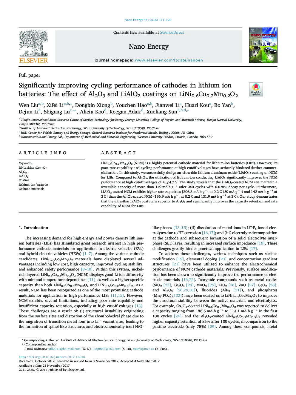 Significantly improving cycling performance of cathodes in lithium ion batteries: The effect of Al2O3 and LiAlO2 coatings on LiNi0.6Co0.2Mn0.2O2