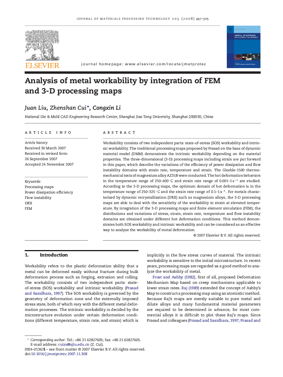 Analysis of metal workability by integration of FEM and 3-D processing maps