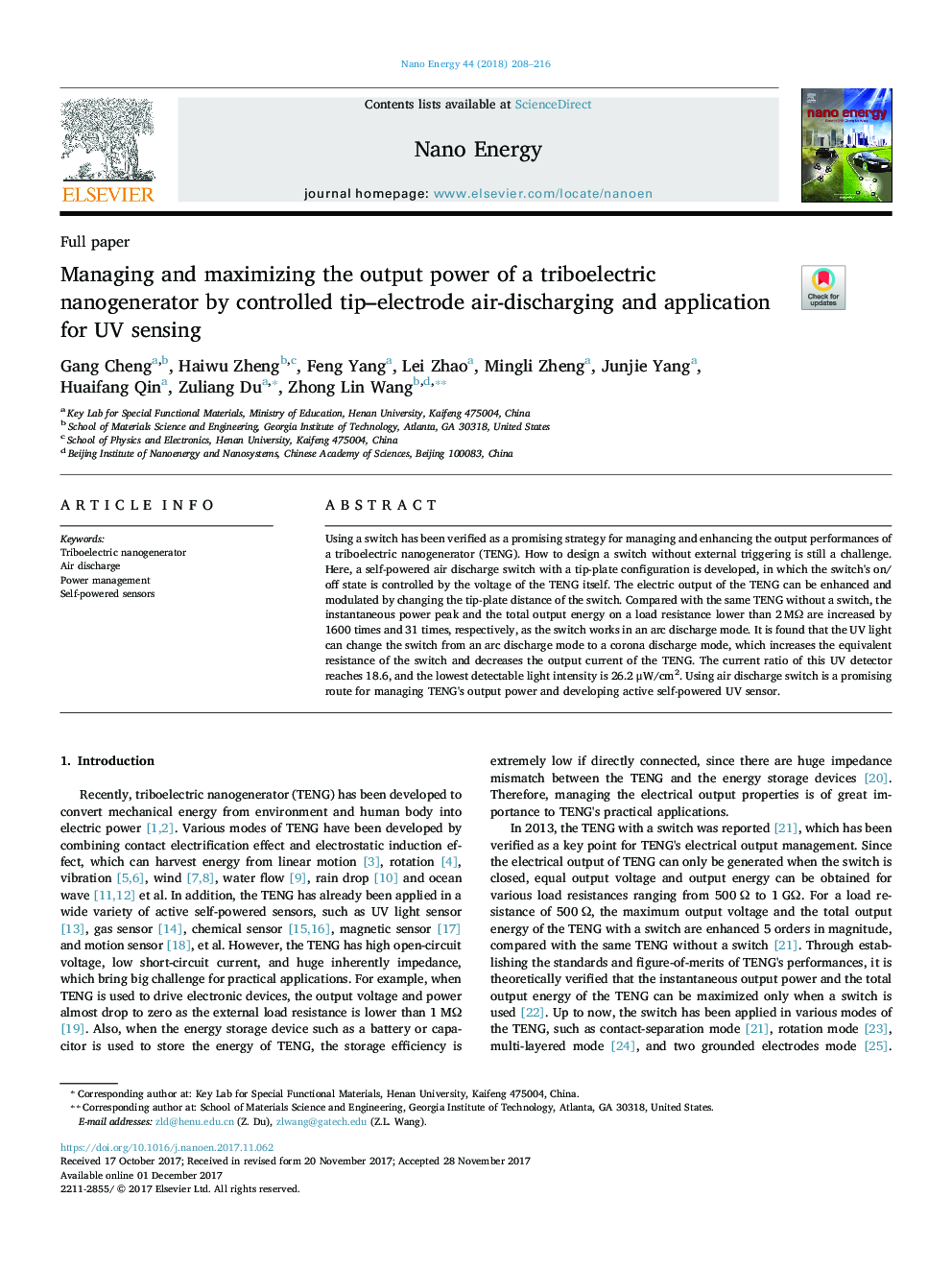 Managing and maximizing the output power of a triboelectric nanogenerator by controlled tip-electrode air-discharging and application for UV sensing