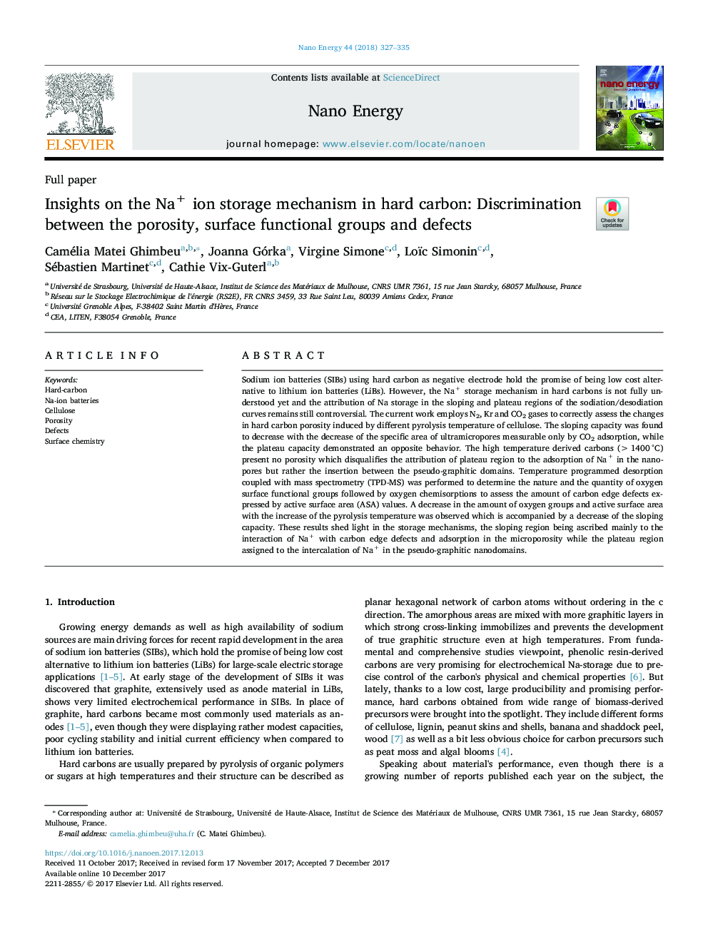 Insights on the Na+ ion storage mechanism in hard carbon: Discrimination between the porosity, surface functional groups and defects