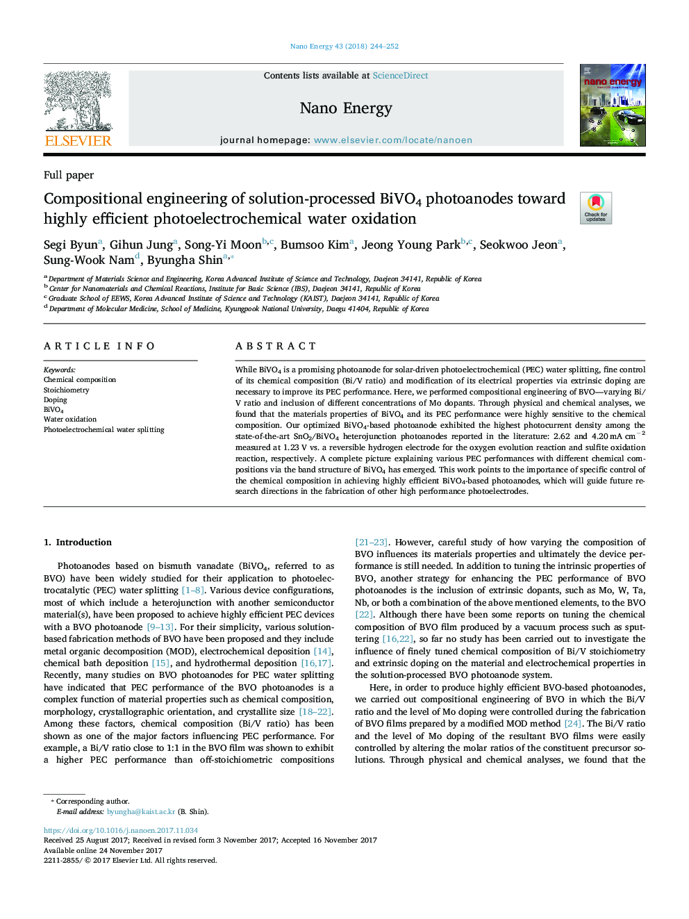 Compositional engineering of solution-processed BiVO4 photoanodes toward highly efficient photoelectrochemical water oxidation