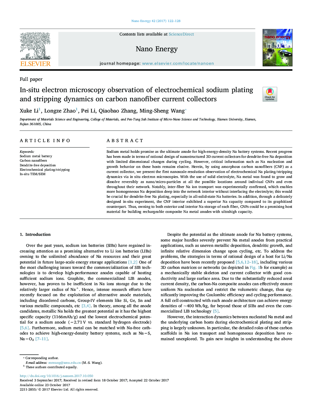 In-situ electron microscopy observation of electrochemical sodium plating and stripping dynamics on carbon nanofiber current collectors