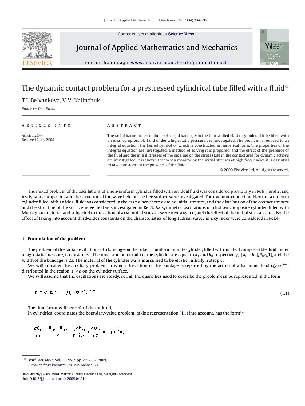 عکس صفحه اول مقاله: The dynamic contact problem for a prestressed cylindrical tube filled with a fluid The dynamic contact problem for a prestressed cylindrical tube filled with a fluid