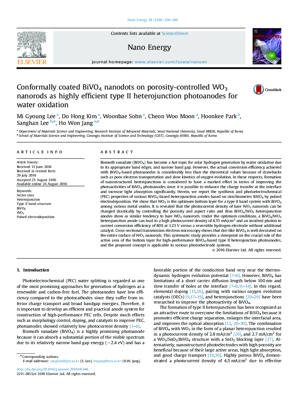 Conformally coated BiVO4 nanodots on porosity-controlled WO3 nanorods as highly efficient type II heterojunction photoanodes for water oxidation