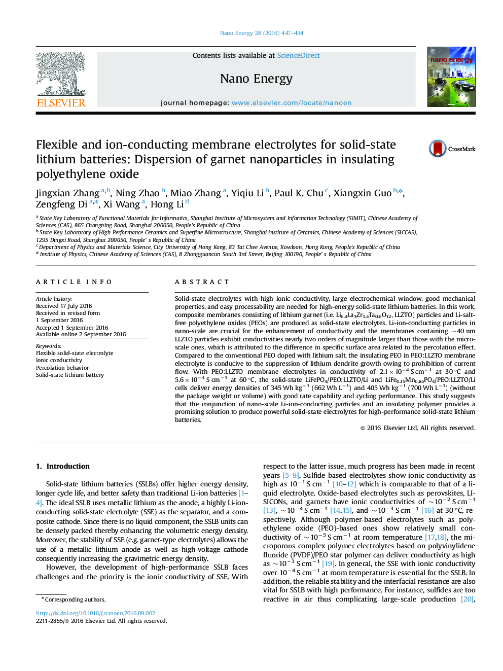 Flexible and ion-conducting membrane electrolytes for solid-state lithium batteries: Dispersion of garnet nanoparticles in insulating polyethylene oxide