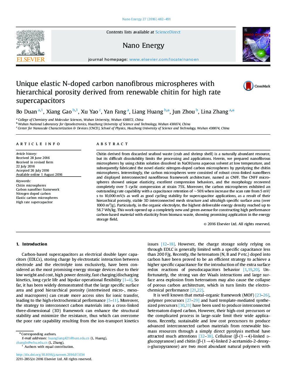 Unique elastic N-doped carbon nanofibrous microspheres with hierarchical porosity derived from renewable chitin for high rate supercapacitors