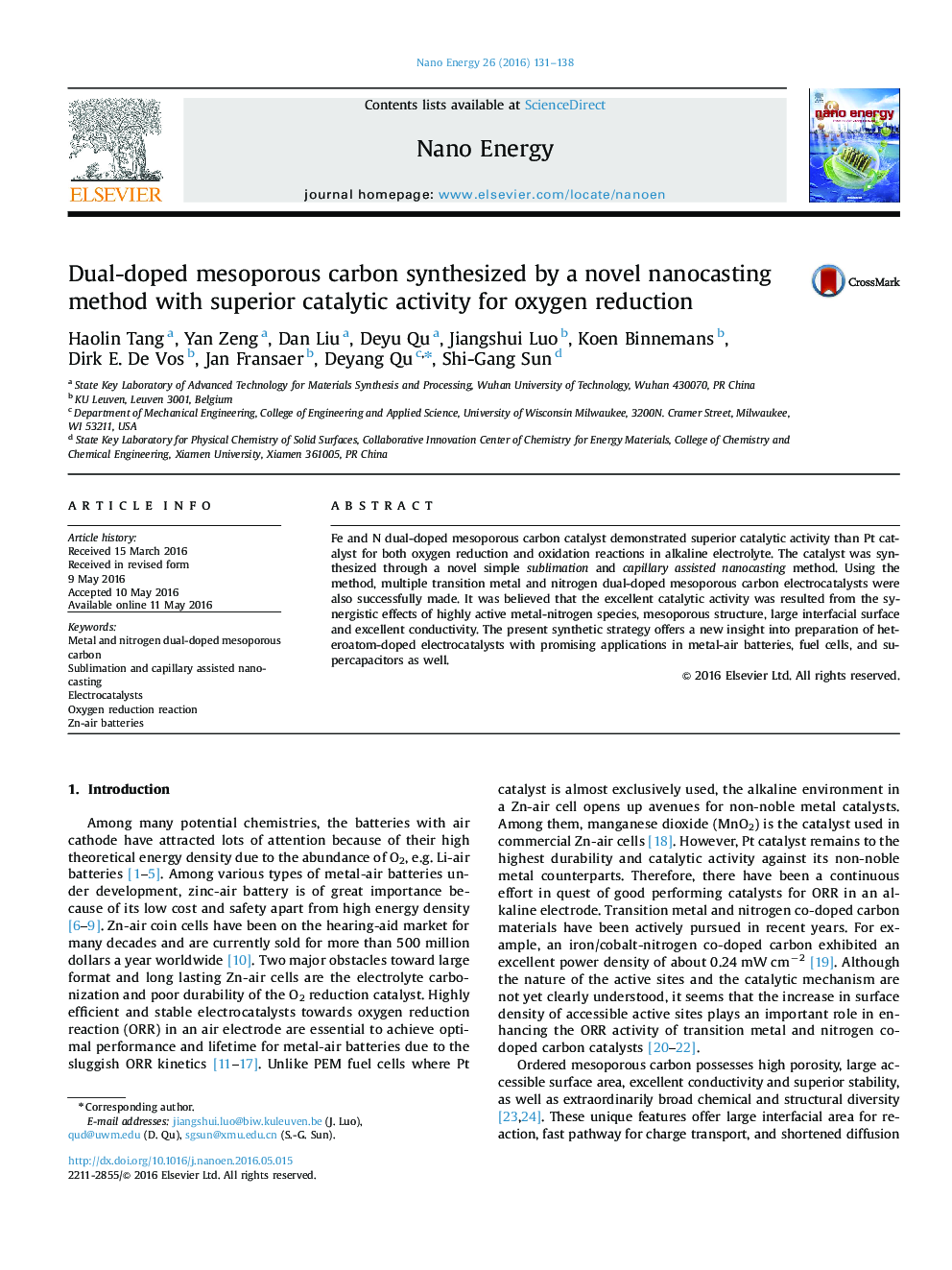 Dual-doped mesoporous carbon synthesized by a novel nanocasting method with superior catalytic activity for oxygen reduction