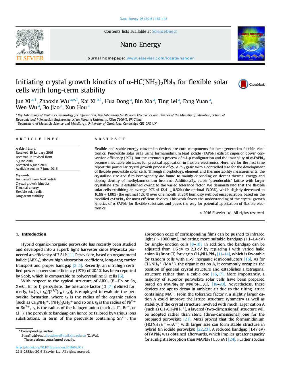 Initiating crystal growth kinetics of Î±-HC(NH2)2PbI3 for flexible solar cells with long-term stability