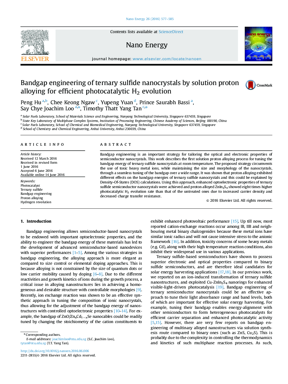 Bandgap engineering of ternary sulfide nanocrystals by solution proton alloying for efficient photocatalytic H2 evolution