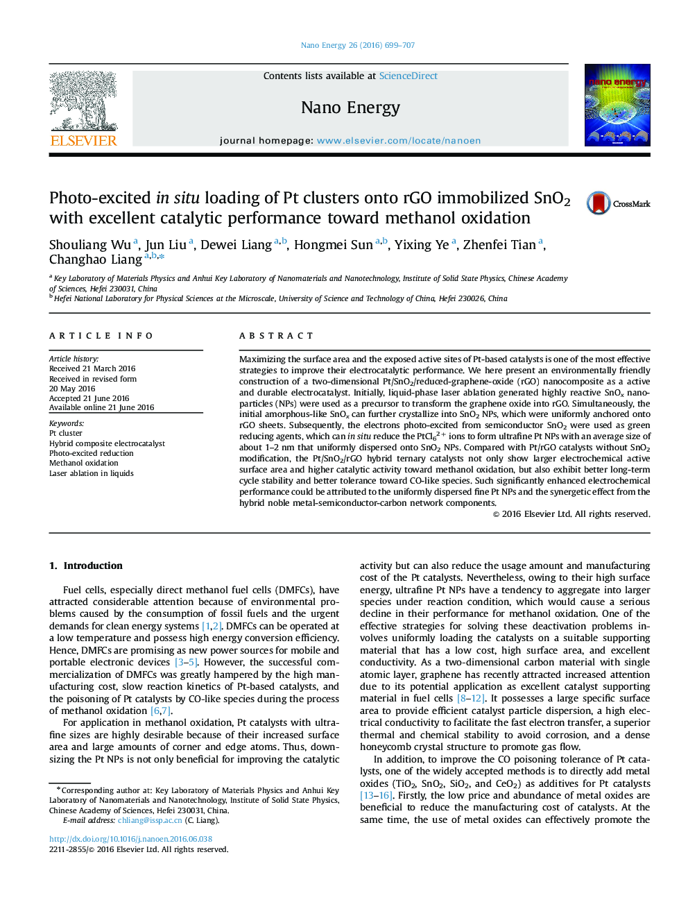 Photo-excited in situ loading of Pt clusters onto rGO immobilized SnO2 with excellent catalytic performance toward methanol oxidation