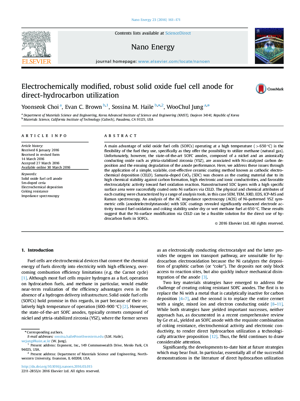 Electrochemically modified, robust solid oxide fuel cell anode for direct-hydrocarbon utilization