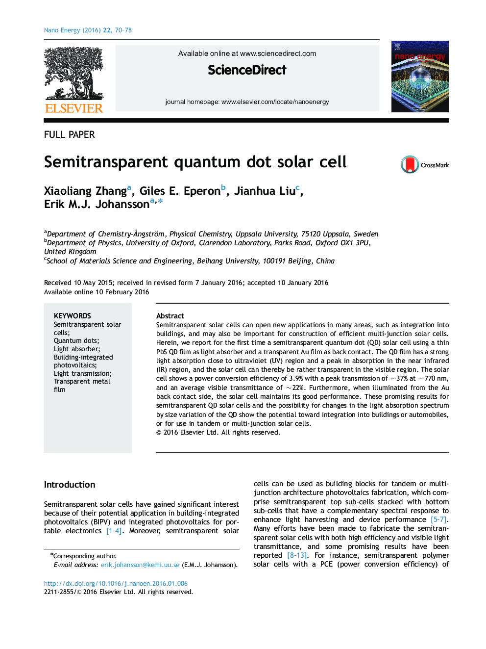 Semitransparent quantum dot solar cell