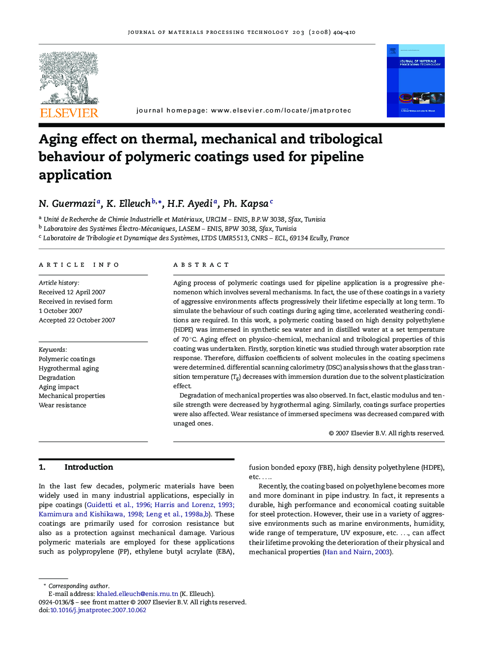 Aging effect on thermal, mechanical and tribological behaviour of polymeric coatings used for pipeline application