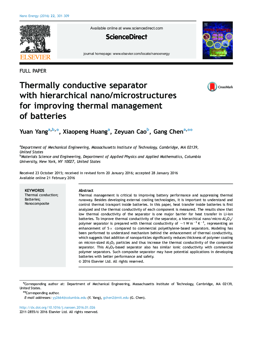 Thermally conductive separator with hierarchical nano/microstructures for improving thermal management of batteries