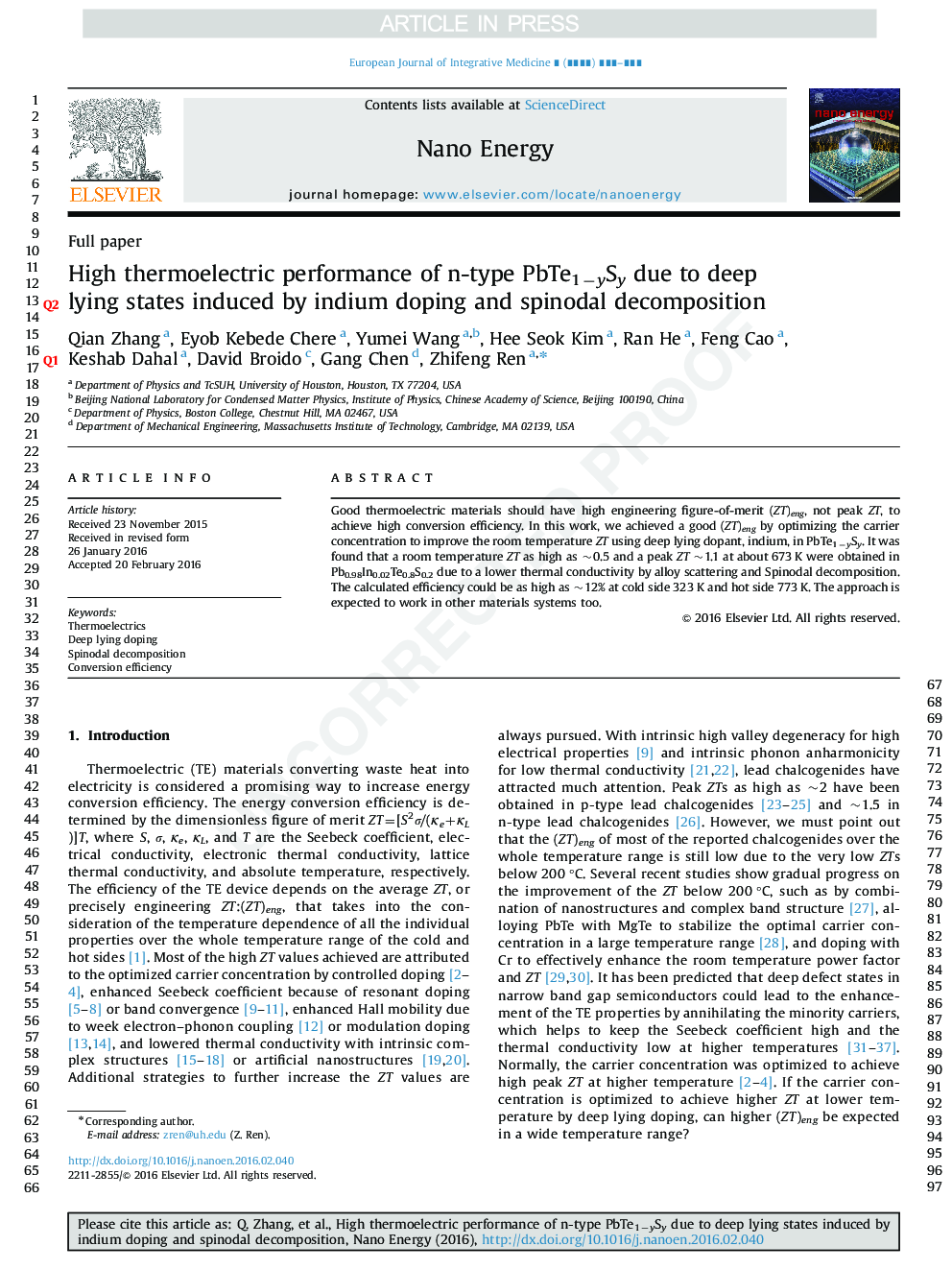 High thermoelectric performance of n-type PbTe1âySy due to deep lying states induced by indium doping and spinodal decomposition