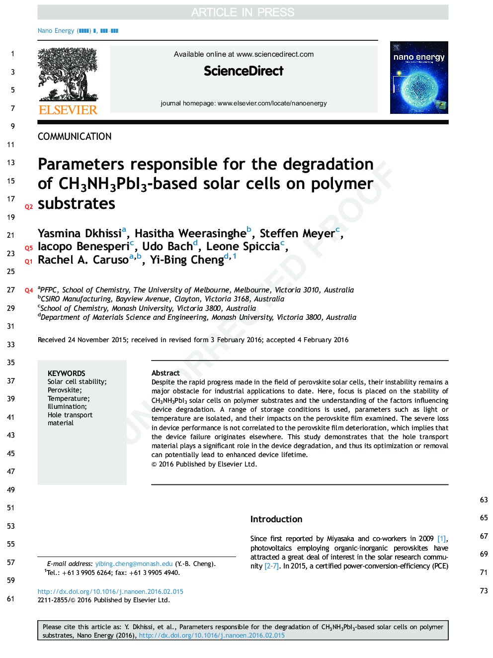 Parameters responsible for the degradation of CH3NH3PbI3-based solar cells on polymer substrates