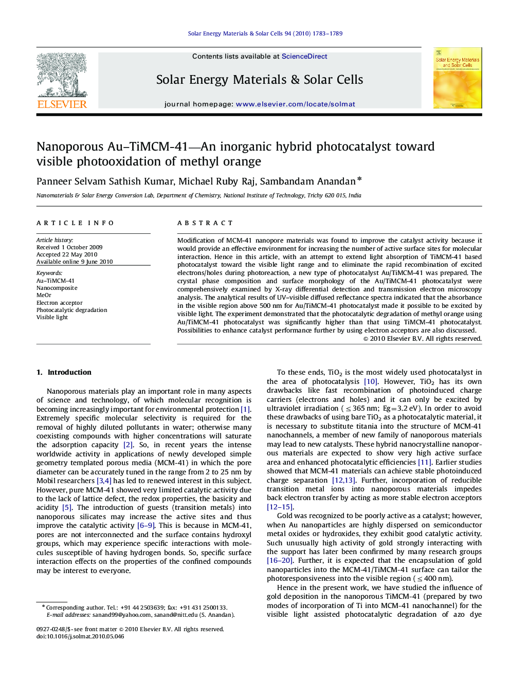 Nanoporous Au–TiMCM-41—An inorganic hybrid photocatalyst toward visible photooxidation of methyl orange