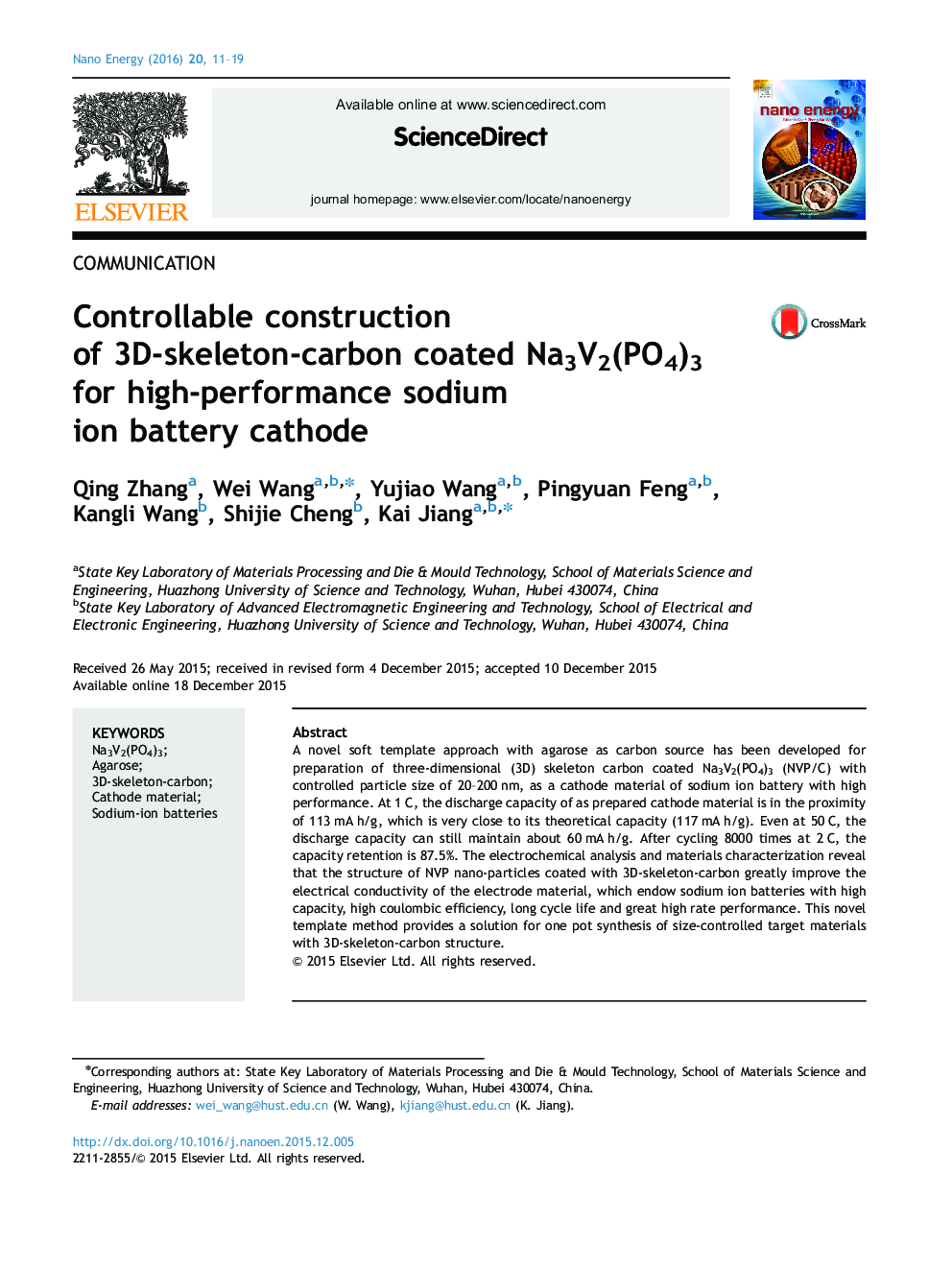 Controllable construction of 3D-skeleton-carbon coated Na3V2(PO4)3 for high-performance sodium ion battery cathode