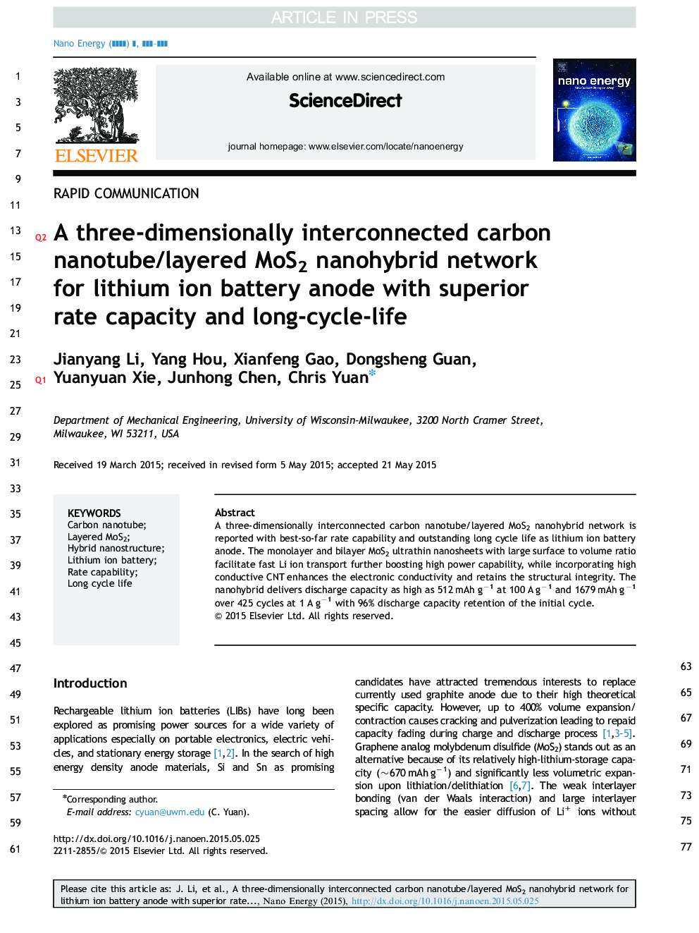 A three-dimensionally interconnected carbon nanotube/layered MoS2 nanohybrid network for lithium ion battery anode with superior rate capacity and long-cycle-life