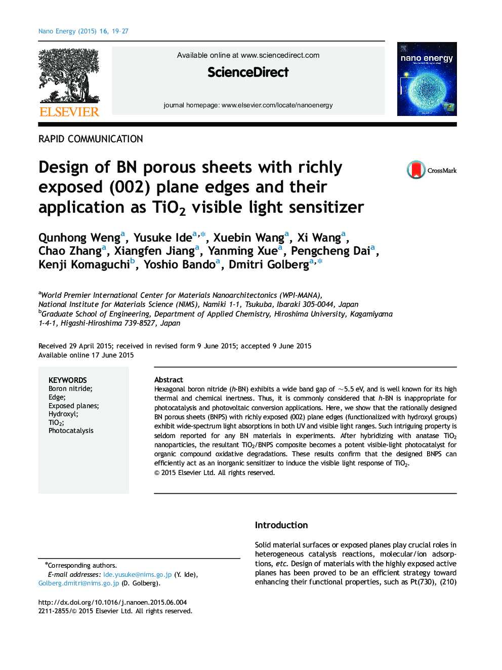 Design of BN porous sheets with richly exposed (002) plane edges and their application as TiO2 visible light sensitizer