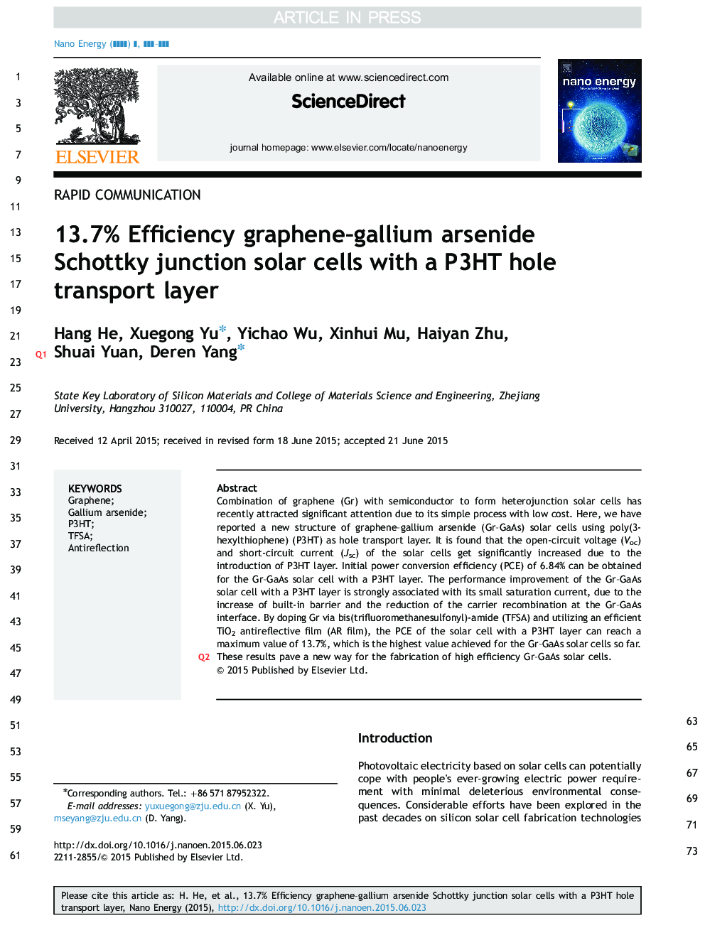 13.7% Efficiency graphene-gallium arsenide Schottky junction solar cells with a P3HT hole transport layer